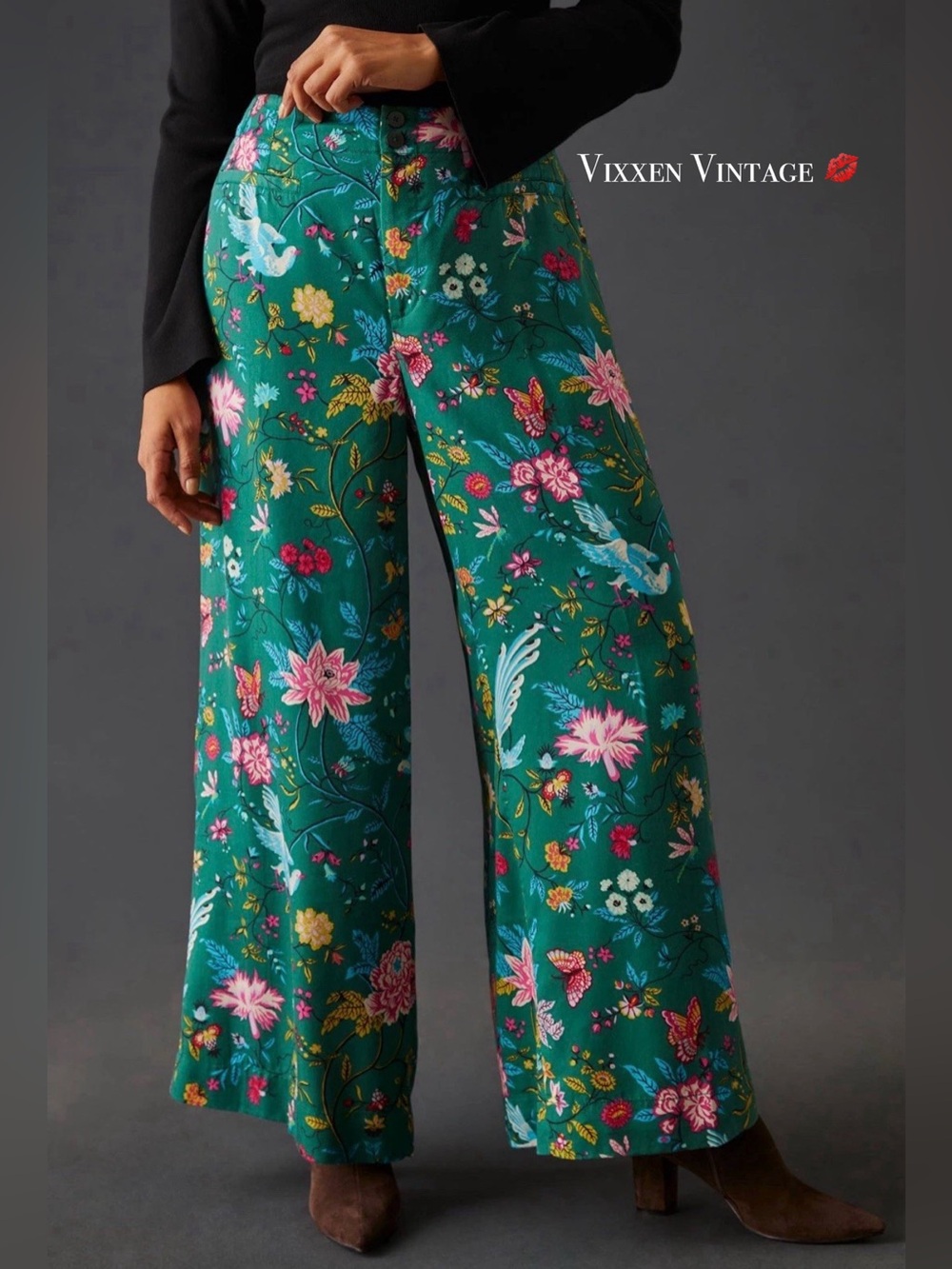 MAEVE HIGH WAISTED FLORAL BUTTERFLY BIRD WIDE LEG TROUSERS IN GREEN MOTIF